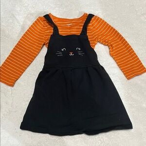 Carters Halloween Themed Orange Striped Top with Black Cat Pinafore Dress
